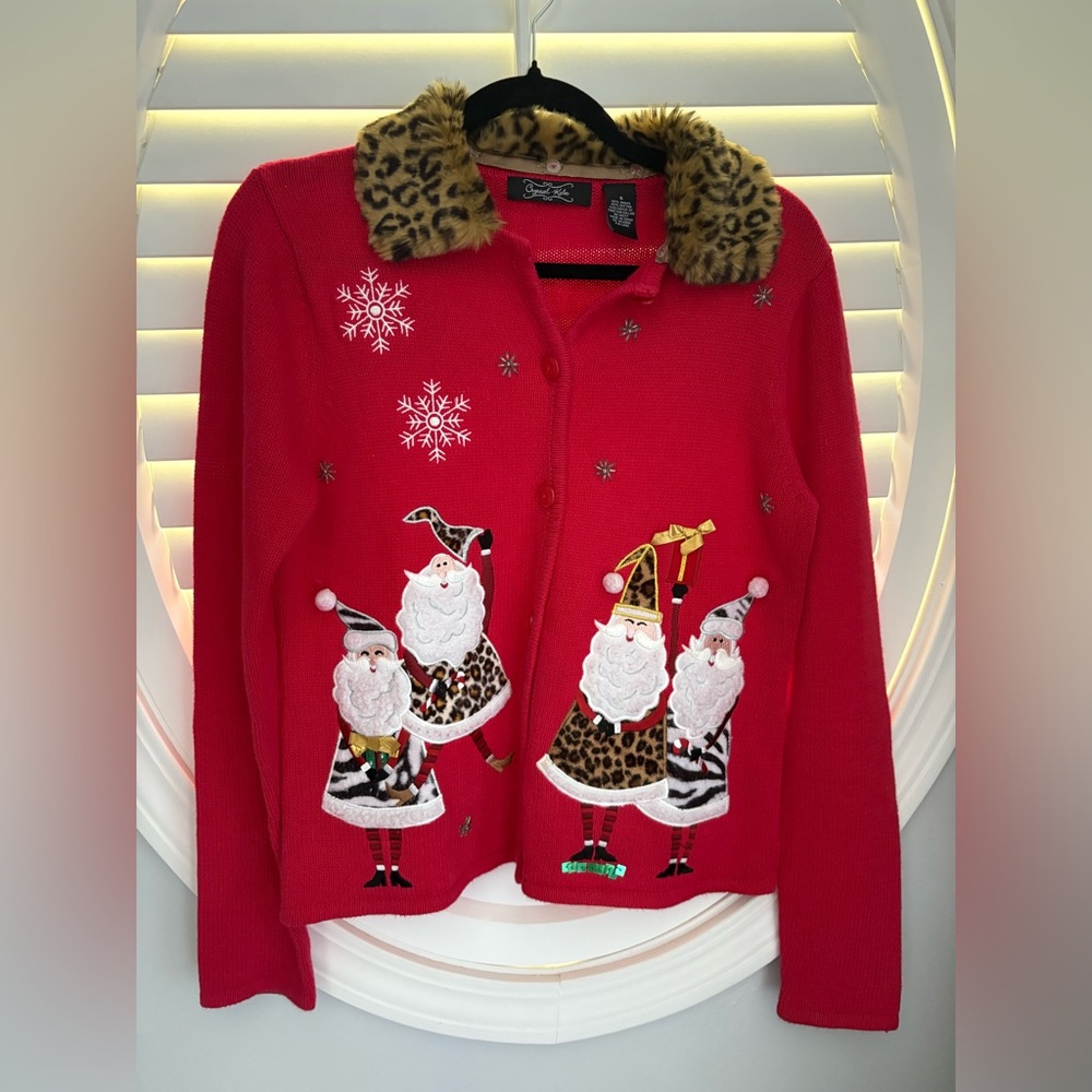 Crystal Kobe knit animal print Santa holiday Christmas sweater cardigan size S